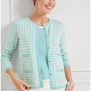 Talbots Womens Cardigan Sweater M Medium Blue White Twinset Cotton Houndstooth